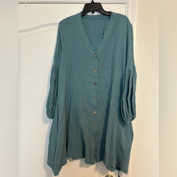 Dresses & Skirts - Cotton Buttons Gauzy Oversized Pockets Lantern Sleeve Frayed Edge Dress Size S